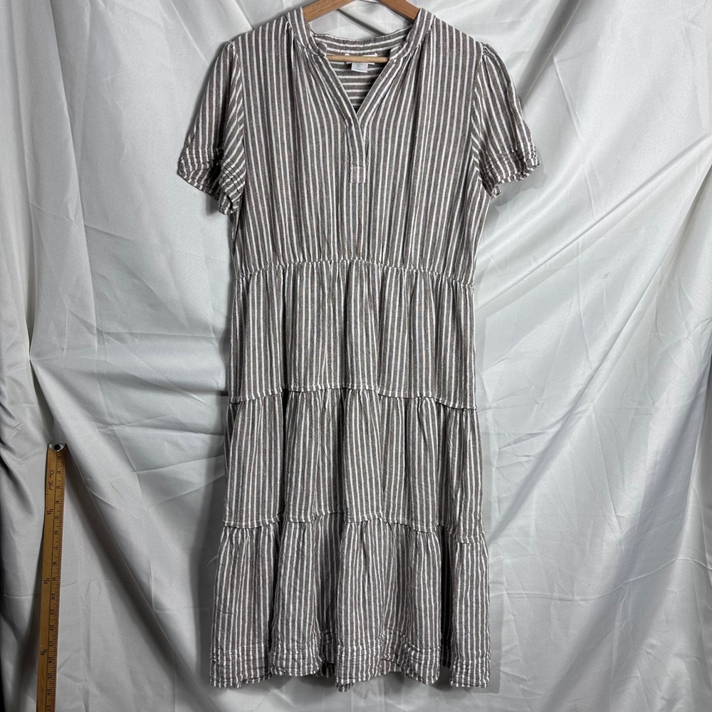 Cynthia Rowley Linen Blend Striped Tiered Midi Dress Taupe White Size L - Picture 2 of 8